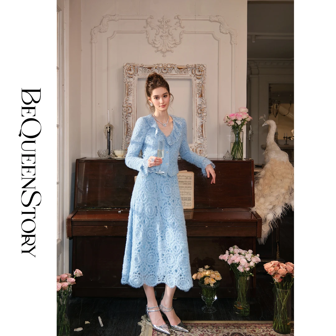 BeQueenStory【梦境花使】镂空钩花V领荷叶边上衣&伞摆半裙套装新款