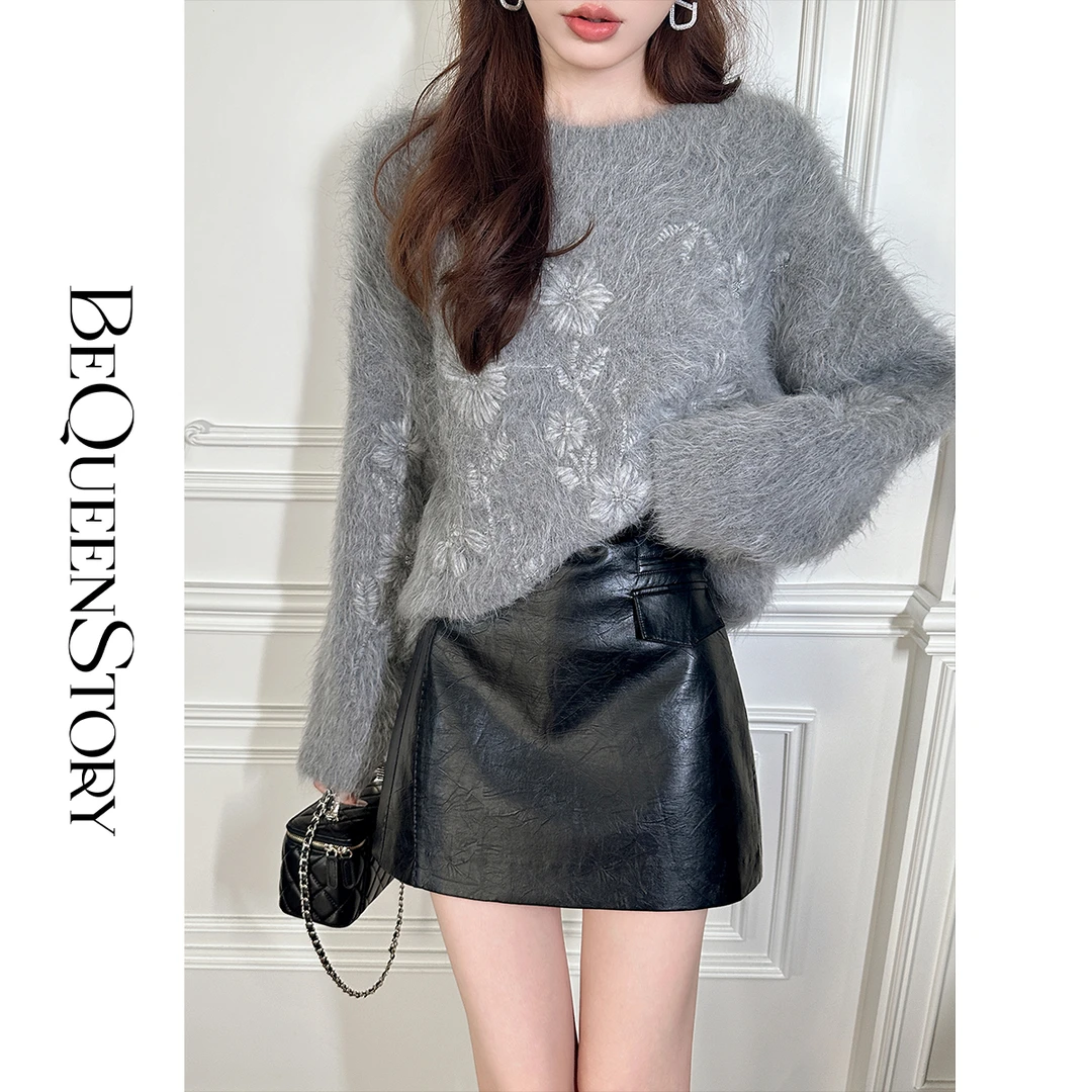 BeQueenStory【盛开繁花】慵懒感羊驼毛混纺宽松百搭圆领毛衣