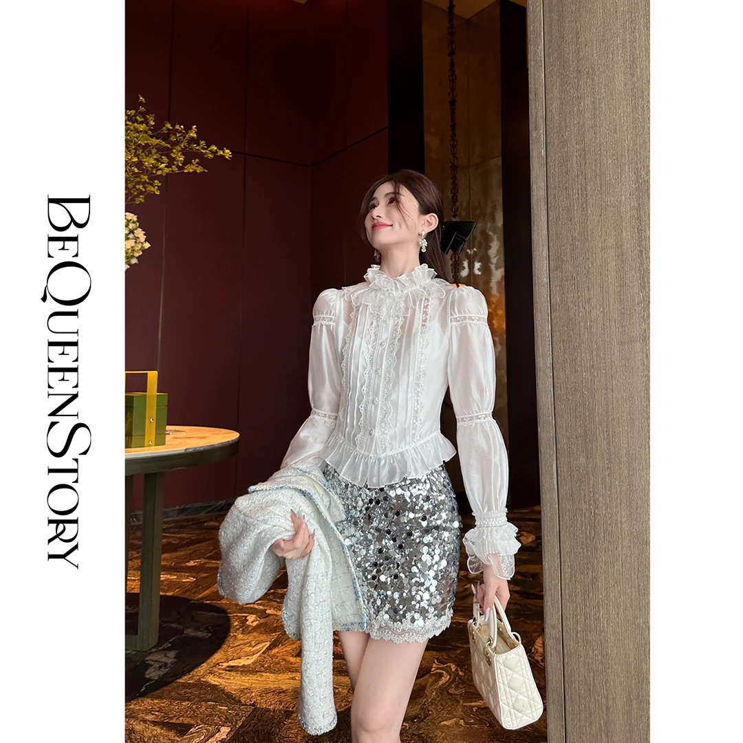 BeQueenStory【宫廷宴会】轻奢时尚花边领口白色修身显瘦打底衬衫