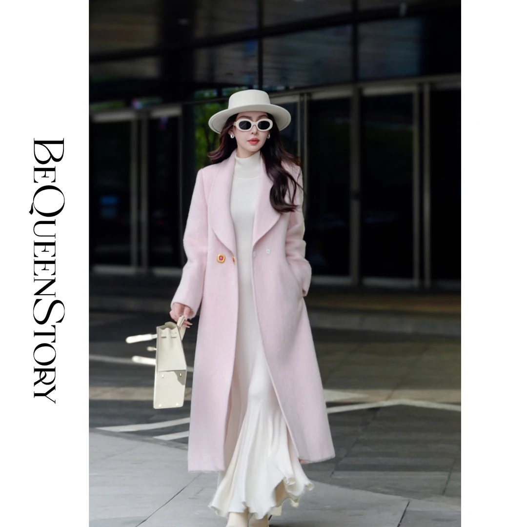 BeQueenStory【名流女星】洋气苏利羊驼混纺翻领H型长款宽松大衣