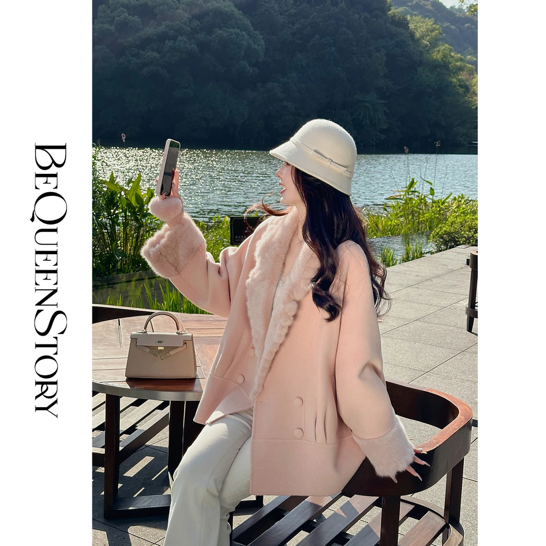 BeQueenStory【粉色邂逅】山羊绒澳毛混纺拼接水貂翻领双面大衣秋冬