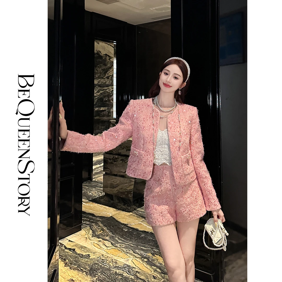 BeQueenStory【珊瑚银河】轻奢时尚气质休闲亮片小香风外套&A字短裤