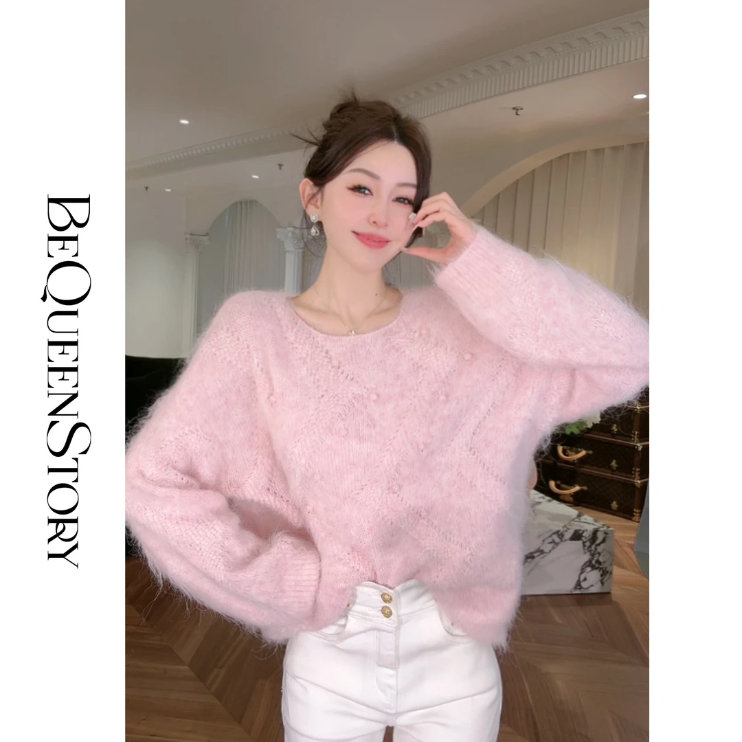 BeQueenStory【雪绒甜豆】羊驼毛设计感手工缝珠宽松套头毛衣