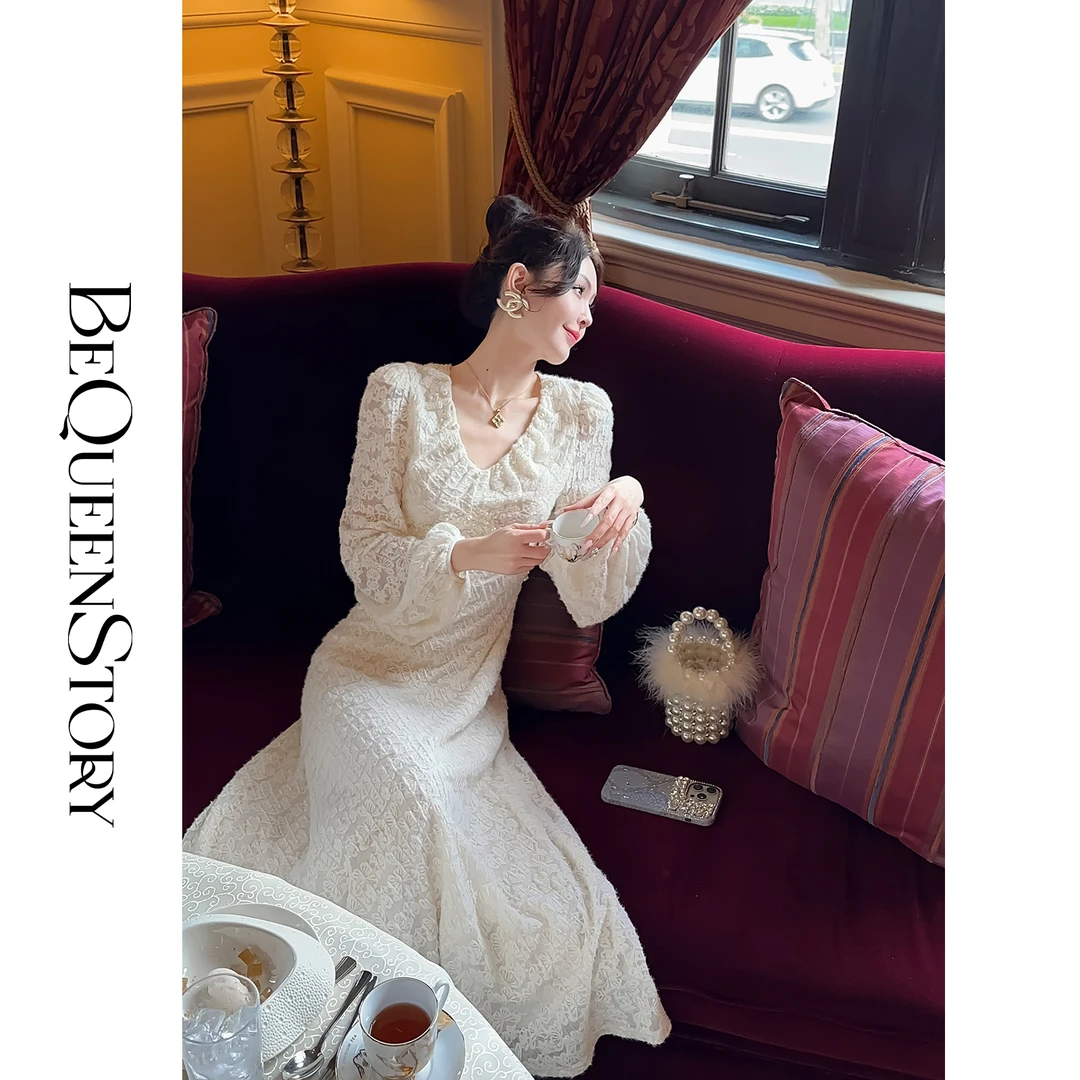 BeQueenStory【云梦故里】轻奢小众钉珠白色蕾丝连衣裙气质高级感