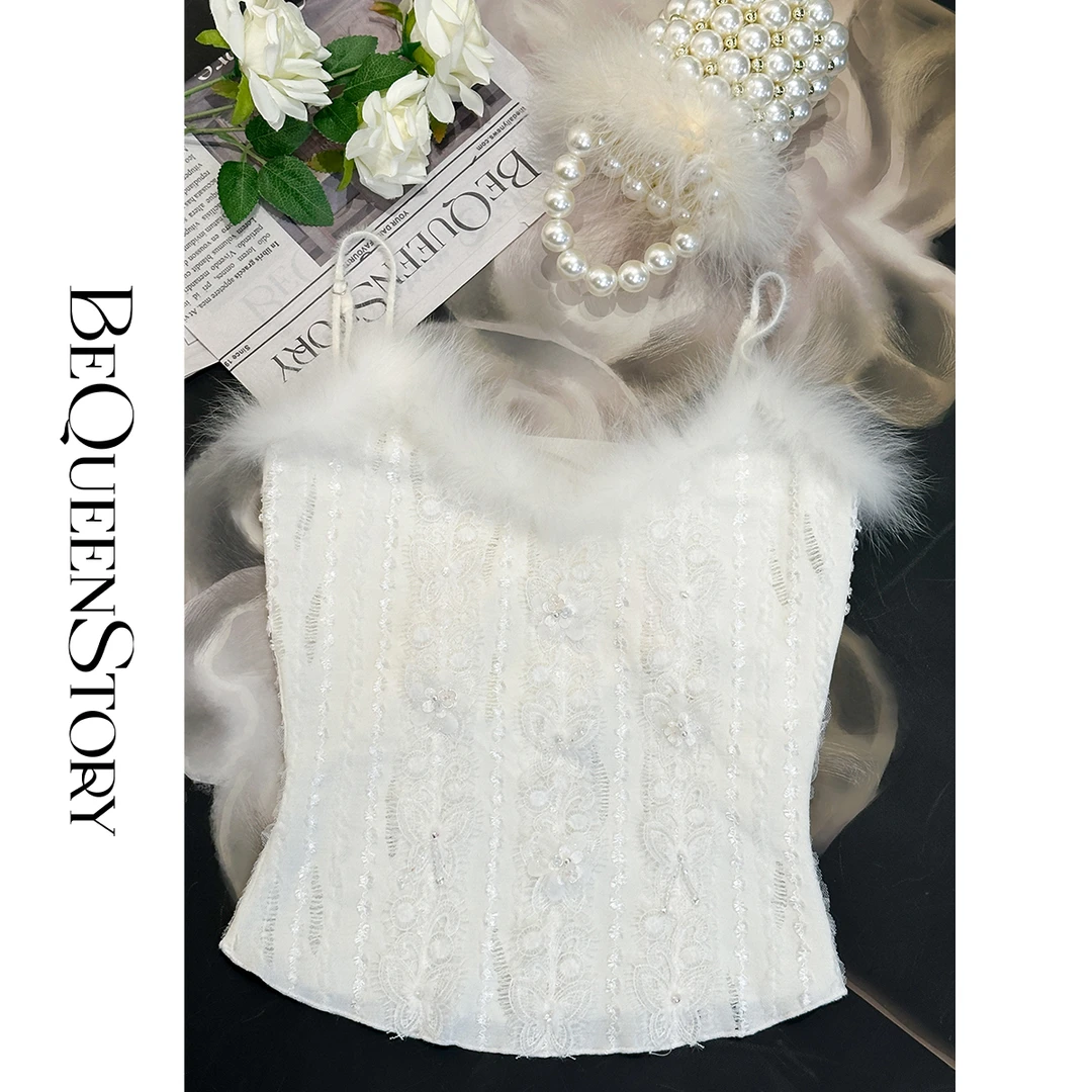 BeQueenStory【雪夜凝香】手工花朵彩珠吊坠拼接毛毛白色吊带背心