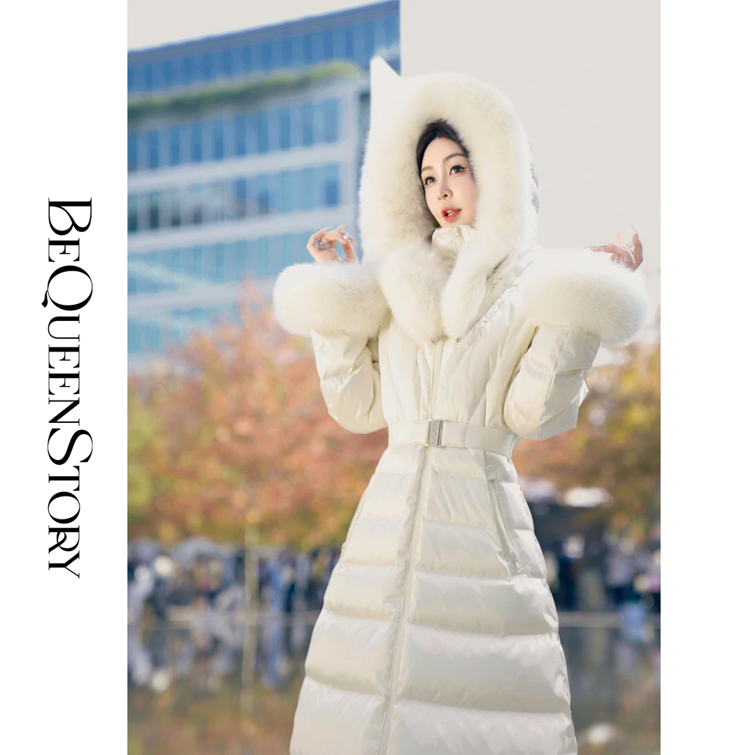 余潇潇【北欧环游记】三防立领可拆狐狸毛领长款羽绒服保暖厚外套
