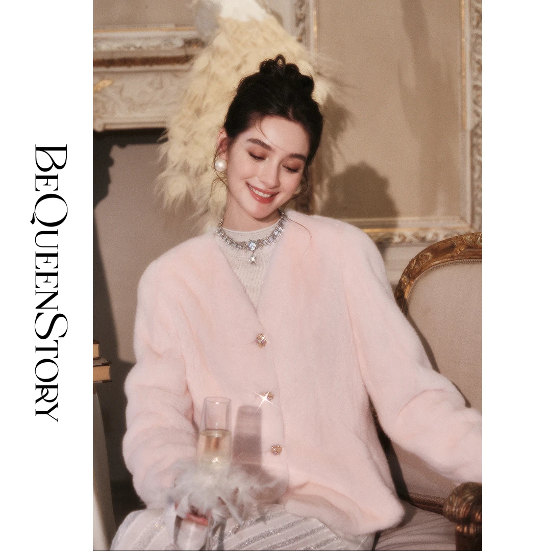 余潇潇【气韵美人】轻奢优雅V领收腰伞摆水貂毛外套秋冬