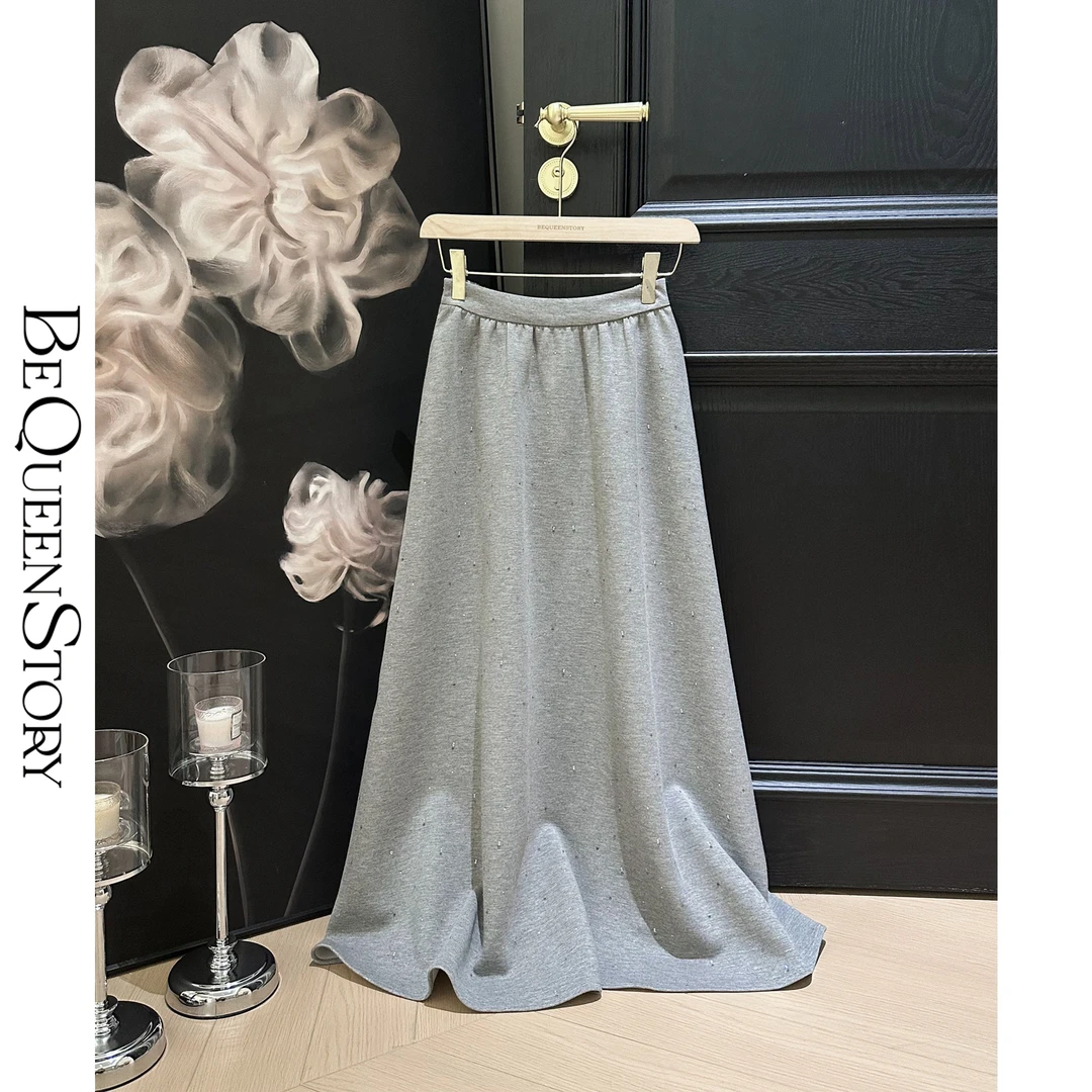 BeQueenStory【月光石】柔软空气层牛奶丝烫钻抽皱松紧腰气质半裙