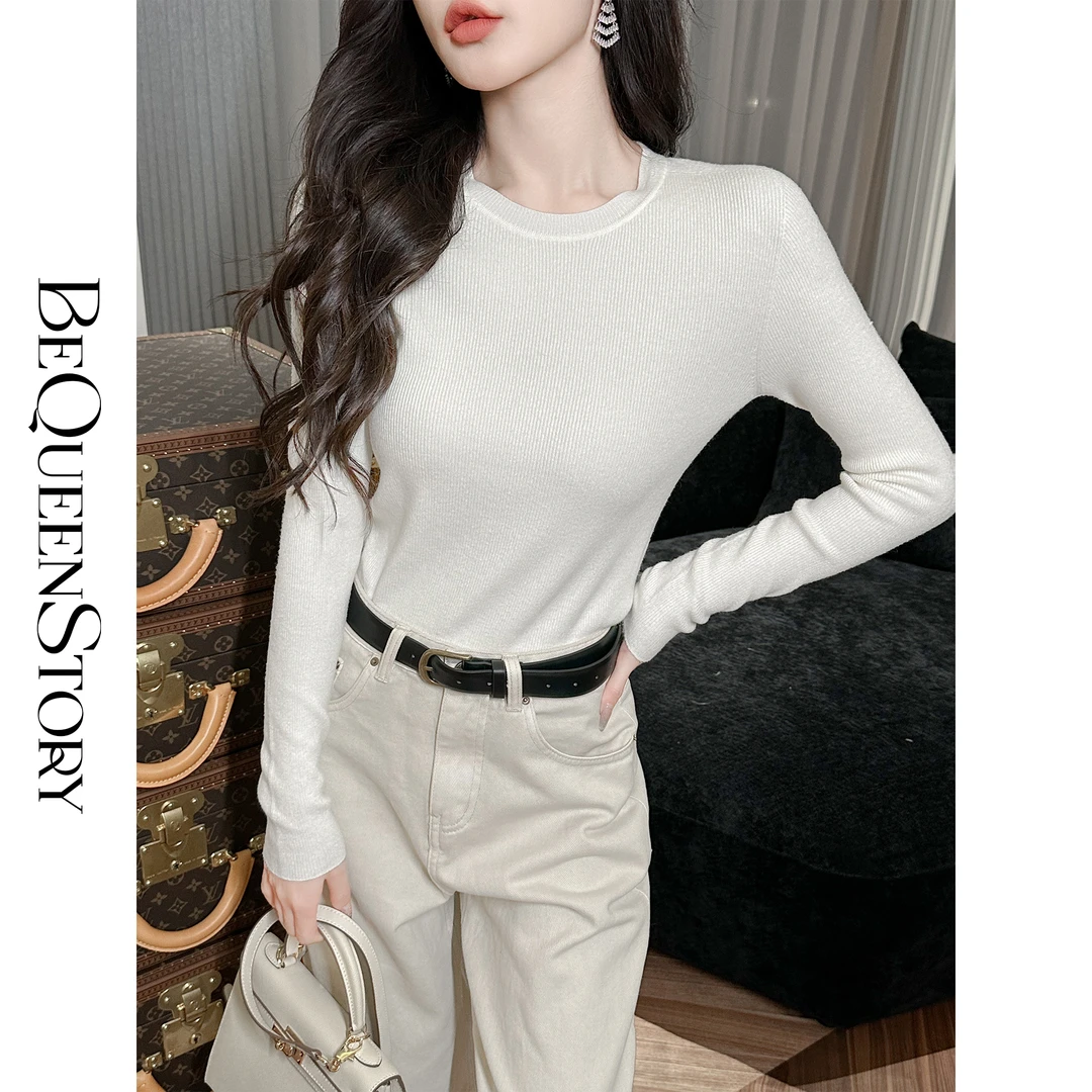 BeQueenStory【抗起球打底】莫代尔纱线修身显瘦纯色圆领长袖针织衫