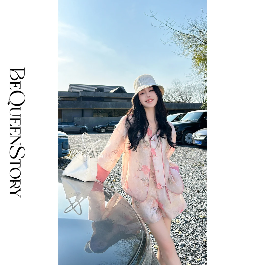 BeQueenStory【洛神牡丹】国风新中式提花圆领手工盘扣外套&微A短裤