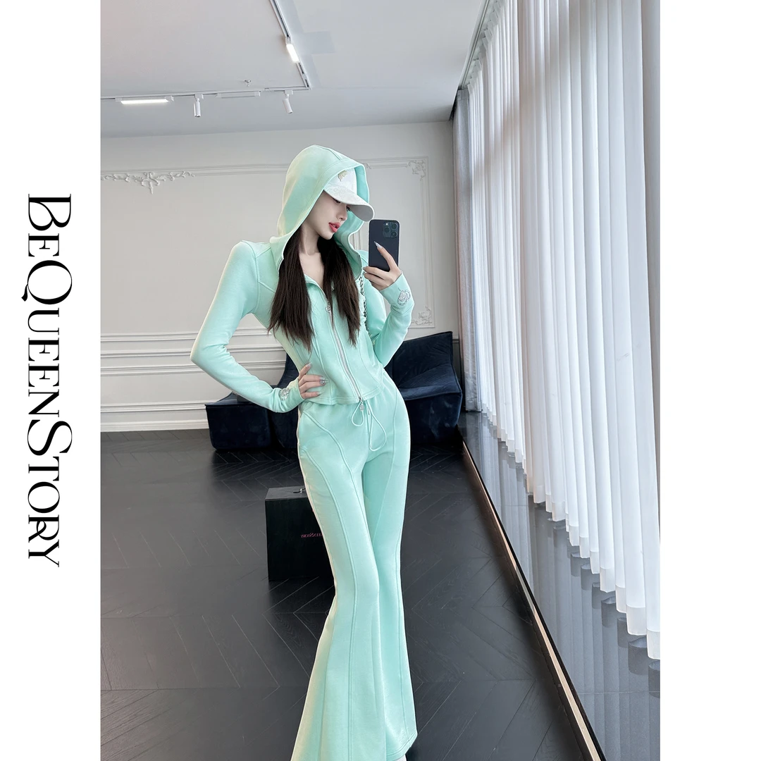 BeQueenStory【桃心攻略】细腻质感烫钻工艺修身上衣&喇叭裤套装