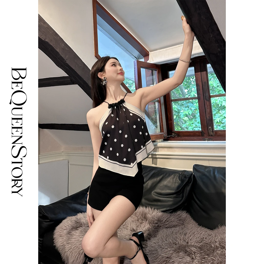 BeQueenStory【波点圆舞曲】轻奢高定手工钉珠性感辣妹凉感挂脖背心