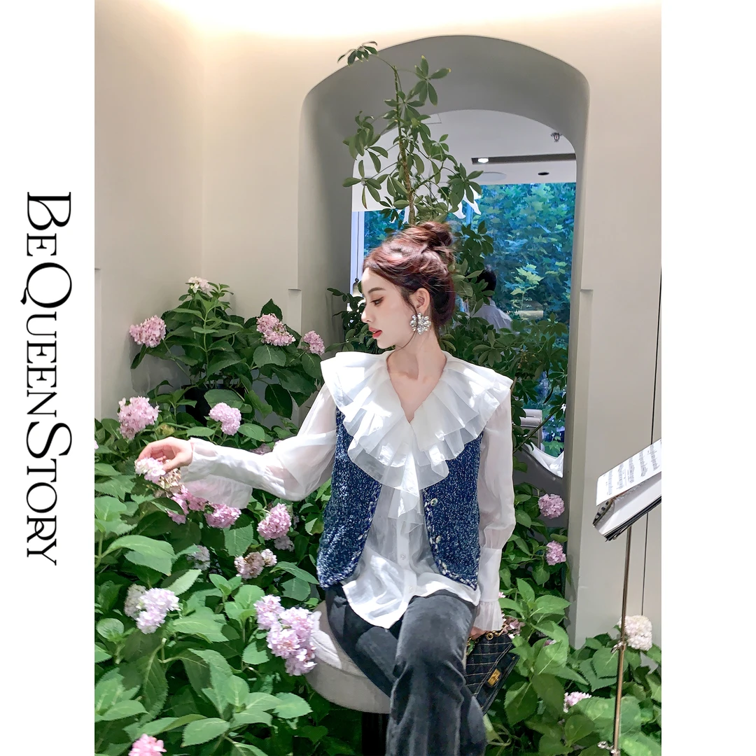 余潇潇【蓝调芭莎】复古优雅手工编织提花蓝色小香马甲背心女