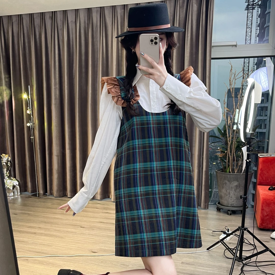 BeQueenStory 玛瑙绿减龄格子连衣裙新款