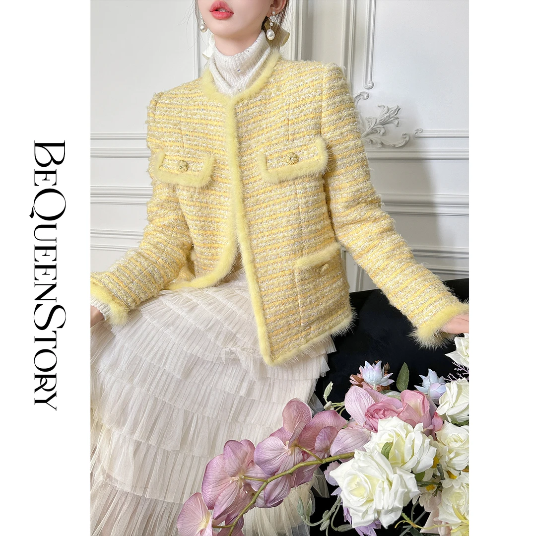 BeQueenStory【黄油爱丽丝】轻奢含羊毛水貂毛条小香风羽绒外套