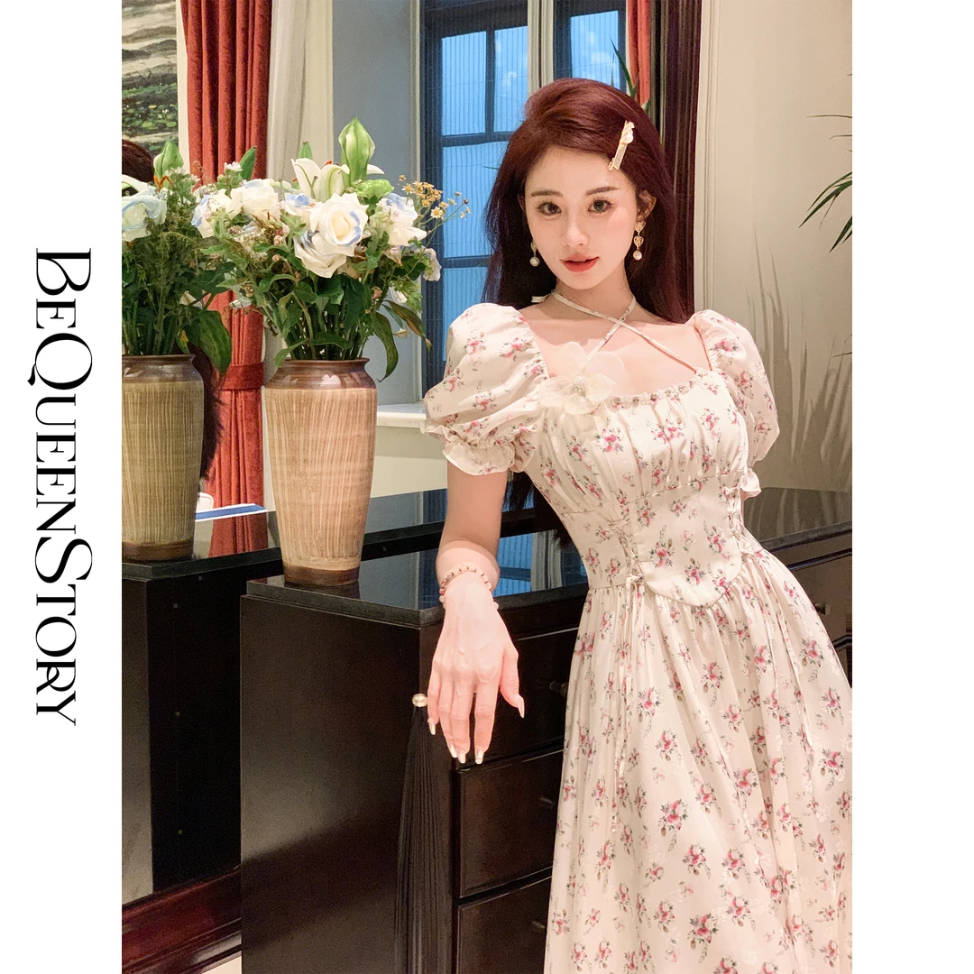 BeQueenStory【杏花初雨】 法式收腰可拆卸花朵挂脖碎花连衣裙
