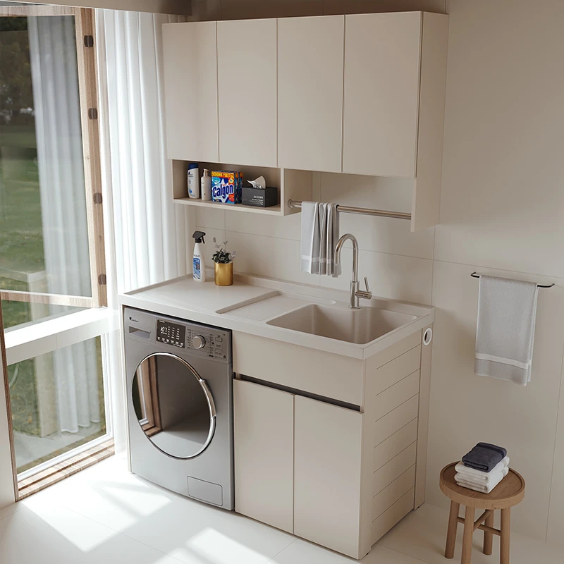 【2023新款-云岩石洗衣盆】悬挂落地太空铝左盆右盆洗衣机组合柜