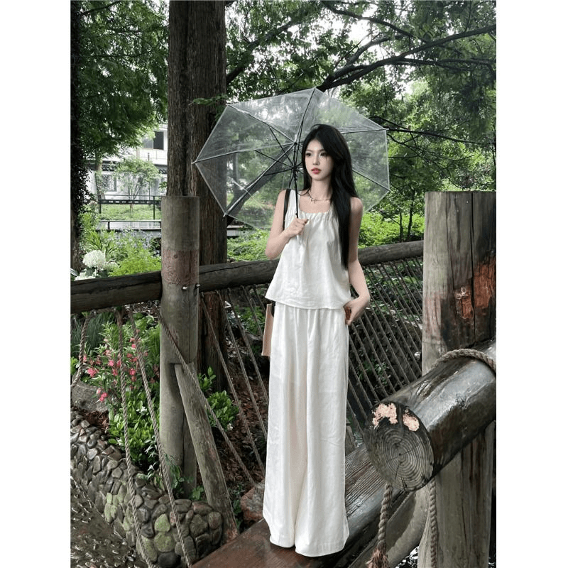清冷系套装女装无袖吊带上衣2024夏季韩版直筒阔腿裤气质两件套潮