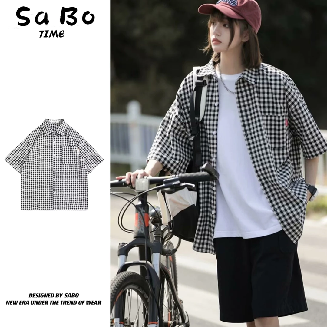 日系复古衬衫夏季学生休闲宽松百搭潮流韩版男女款设计感短袖衬衣