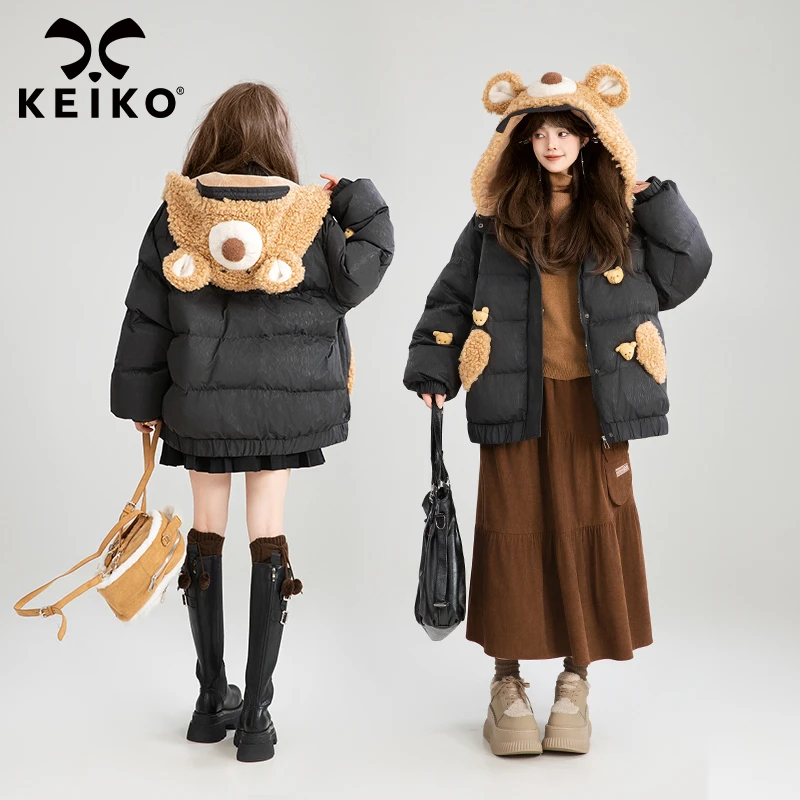 KEIKO 立体小熊扎花短款棉服棉袄女冬季可爱加厚保暖连帽面包服