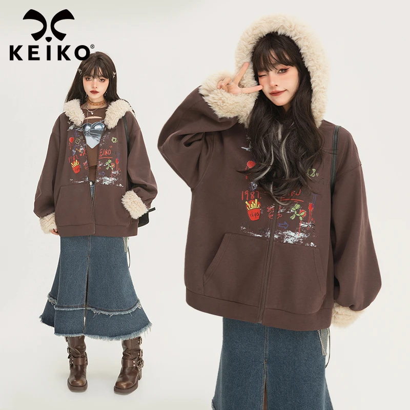 [加密绒]涂鸦印花宽松开衫外套女秋冬美拉德穿搭毛领连帽衫卫衣