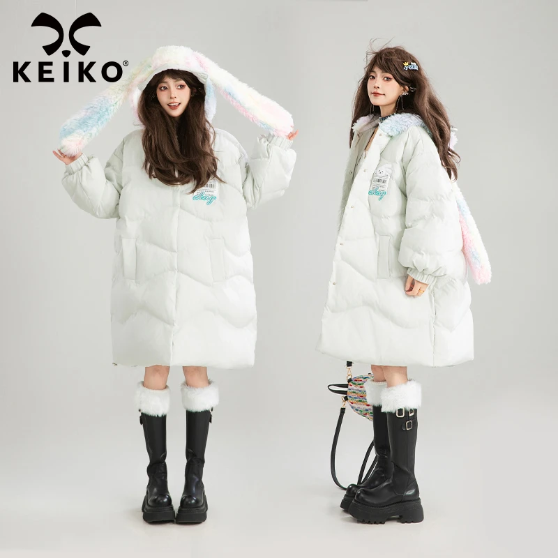 KEIKO 可爱羔毛兔耳朵连帽棉服中长款24冬季宽松加厚面包服棉袄