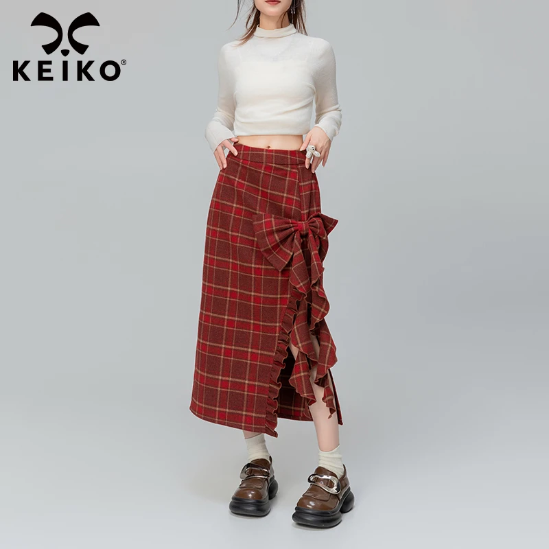 KEIKO 酒红色格子毛呢半身裙中长款秋冬季蝴蝶结扎花A字包臀长裙
