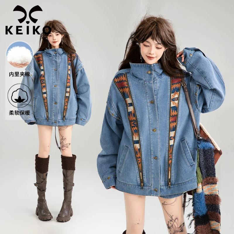 KEIOK [夹棉/保暖] 美式复古拼接牛仔棉服女秋冬铆钉饰夹克外套