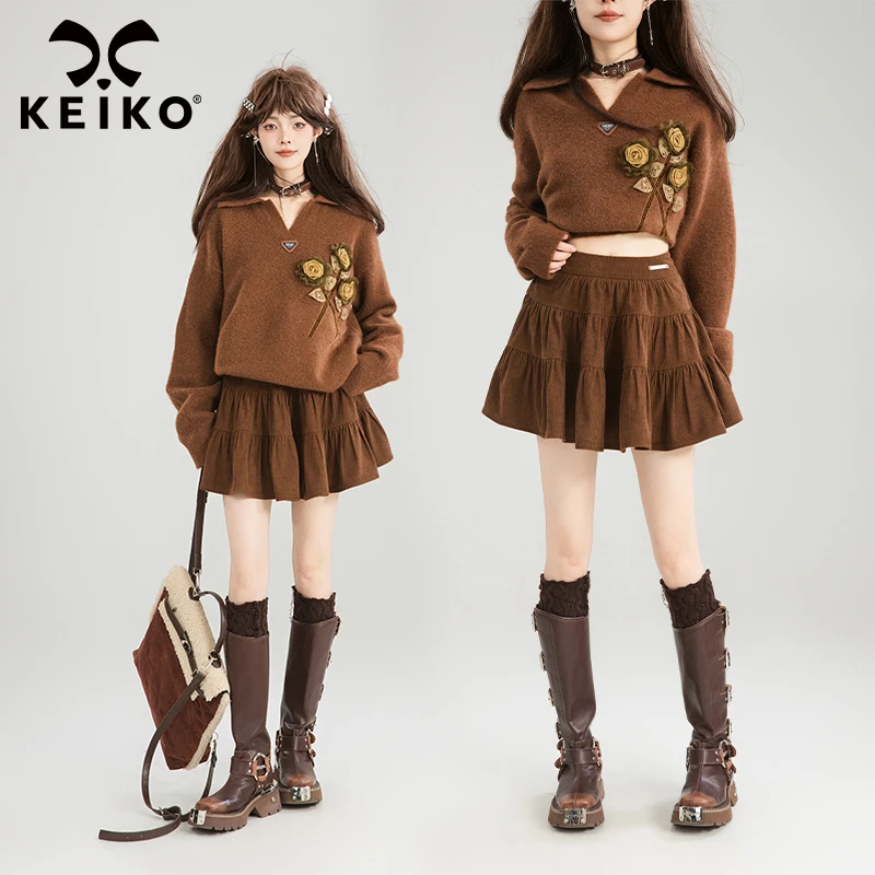 KEIKO 显瘦!立体感褶皱半身裙百褶裙25早春软糯灯芯绒A字短裙伞裙