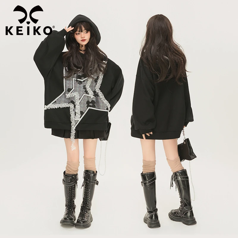 KEIKO [加密绒]星星贴布黑色连帽卫衣女2024早春oversize宽松外套
