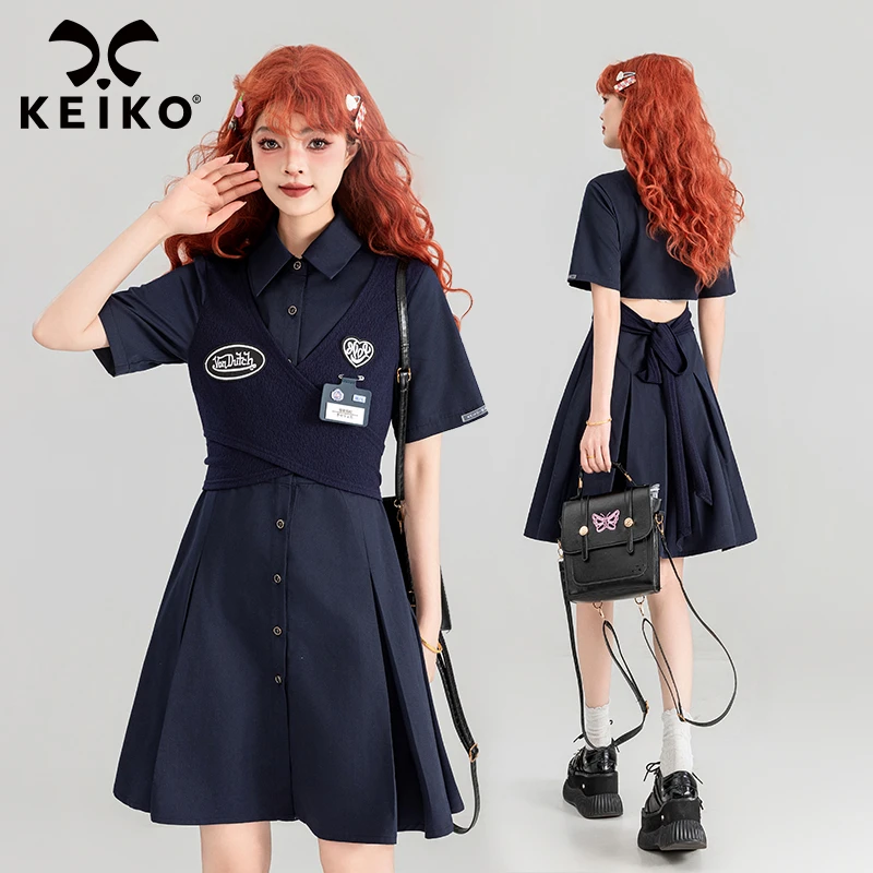 KEIKO 酷飒学院风中长腰带连衣裙女夏季假两件显瘦衬衫式A字裙子