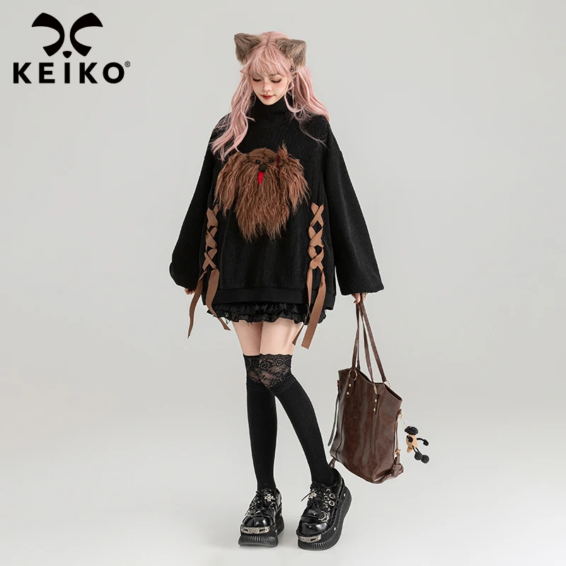 KEIKO [可拆毛绒狗] 甜酷黑色半高领卫衣24春季绑带设计宽松外套