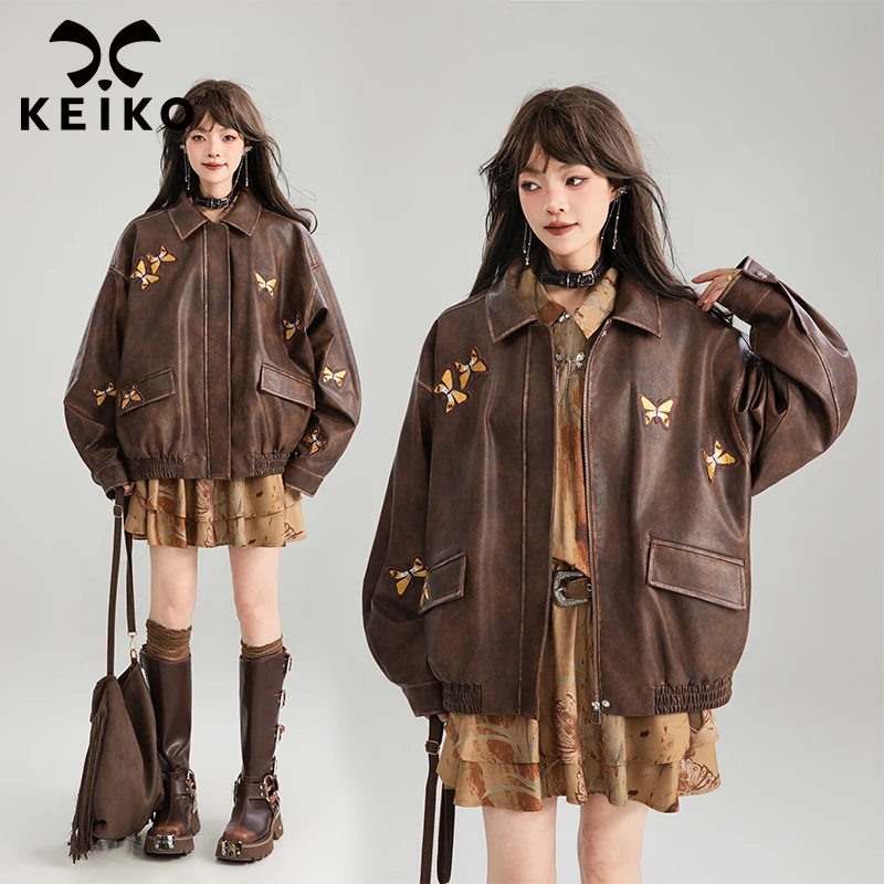 KEIKO[蝴蝶绣]高级感棕色皮衣外套裙子秋季美拉德穿搭复古皮夹克