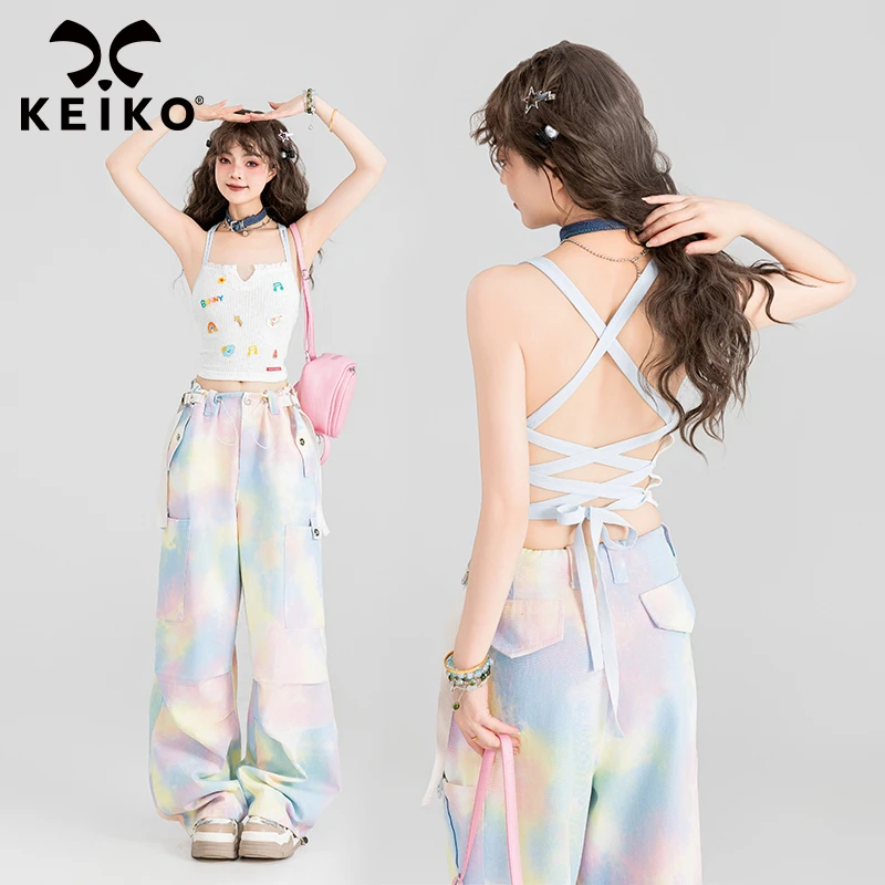 KEIKO 甜心辣妹 露背交叉绑带背心2024夏季白色刺绣露脐短款上衣