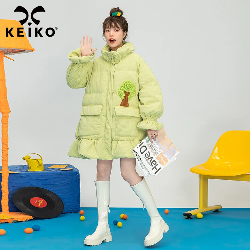 加厚保暖中长款软糯灯芯绒料绿色棉服女冬季新韩系冬装外套棉袄