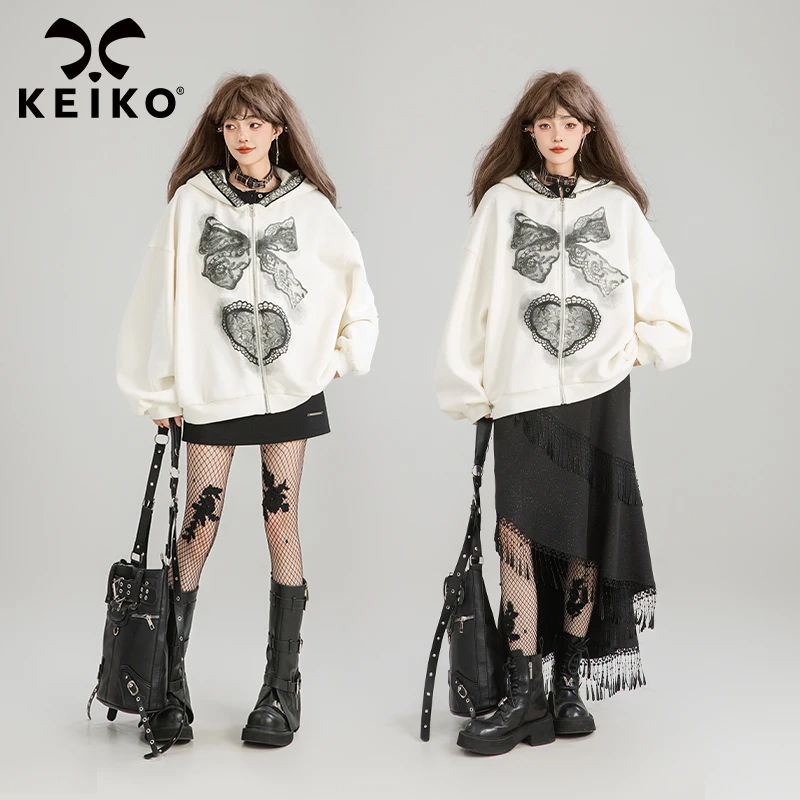 KEIKO 美式复古印花卫衣外套加绒秋冬oversize白色拉链连帽开衫