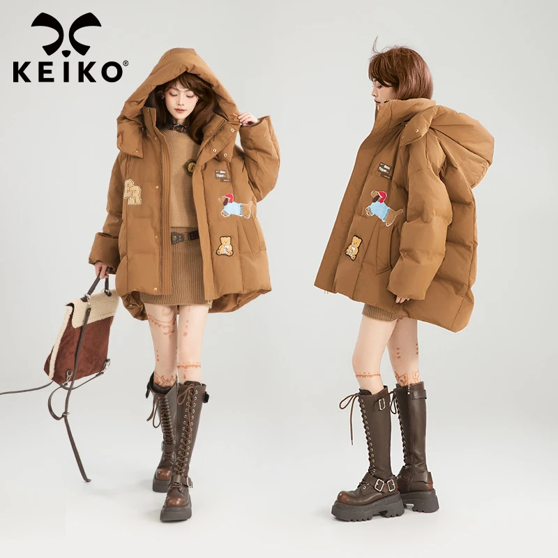 KEIKO [可卸连帽]贴花棉服棉袄加厚冬季复古咖色宽松面包服外套