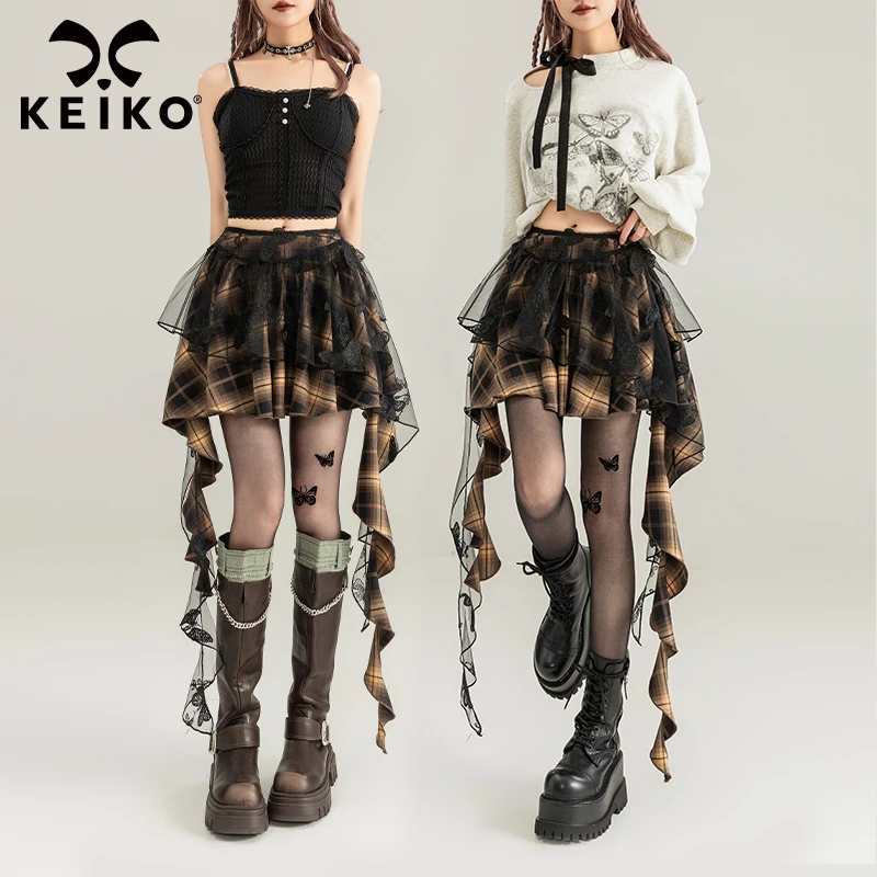 KEIKO [重工蝴蝶绣]飘带饰格纹半身裙春夏甜辣不规则显瘦百褶短裙