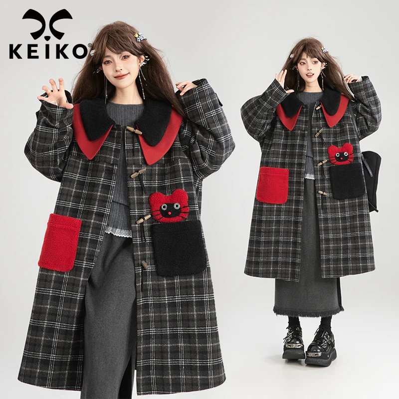 KEIKO[夹棉] 牛角扣格纹灰色毛呢大衣冬季羊毛混纺娃娃领呢子外套