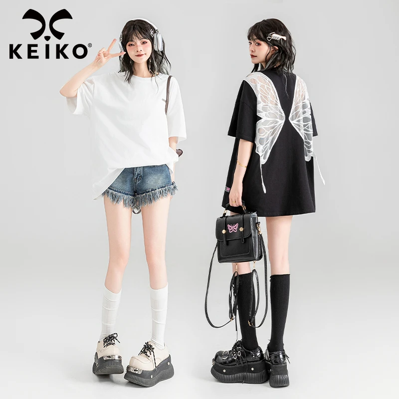 KEIKO [蝶影] 刺绣露背短袖t恤女夏季新款甜辣风休闲上衣宽松时尚