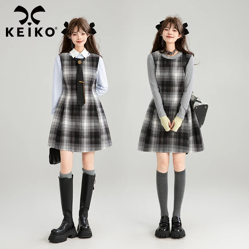 KEIKO 时髦马赛克格子无袖连衣裙2024秋季氛围感穿搭千金风背心裙