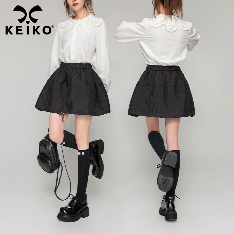 KEIKO 压花黑色半身裙女2024秋季机能风辣妹高腰显瘦抽绳a字短裙