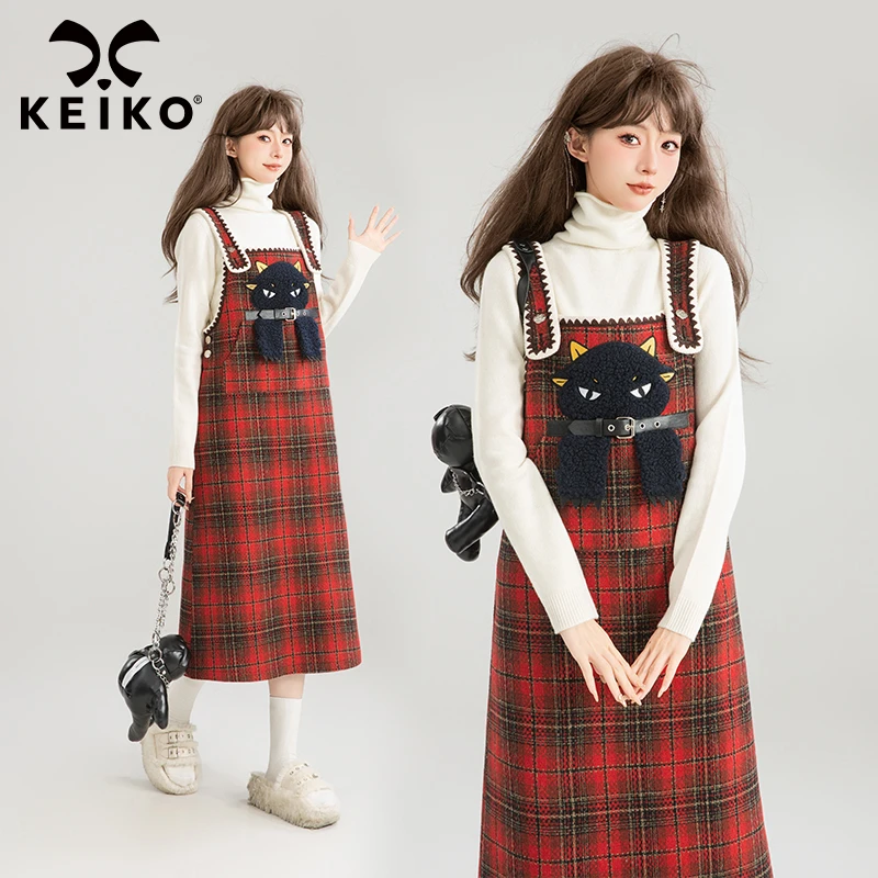 KEIKO 复古红格子毛呢背带连衣裙25早秋圣诞穿搭卡通绣花A字长裙