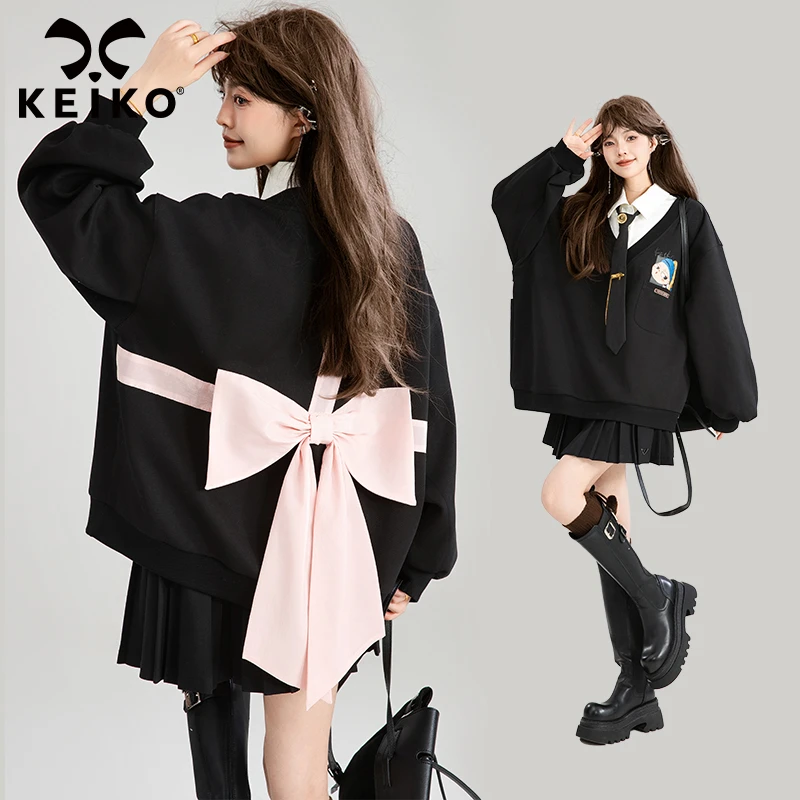 KEIKO蝴蝶结girl甜系polo领假两件卫衣25早春学院风学院风穿搭