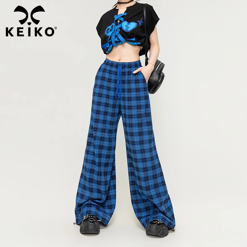 KEIKO 蓝色格子阔腿裤子2024秋季高腰宽松直筒垂感休闲裤长裤春秋