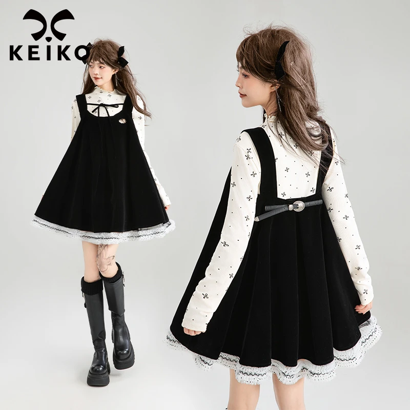 KEIKO [蕾丝花边] 千金感丝绒背带连衣裙24秋冬法式蓬蓬A字吊带裙