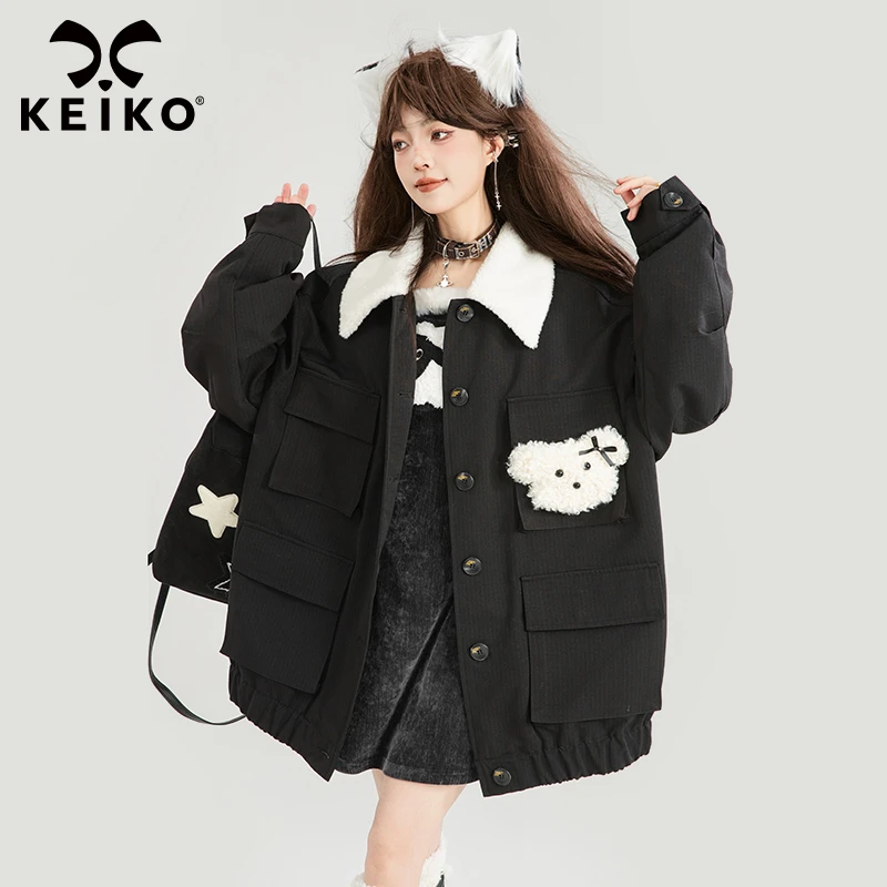 KEIKO 美式工装风黑色棉服加厚冬季高级感撞色翻毛领外套派克服