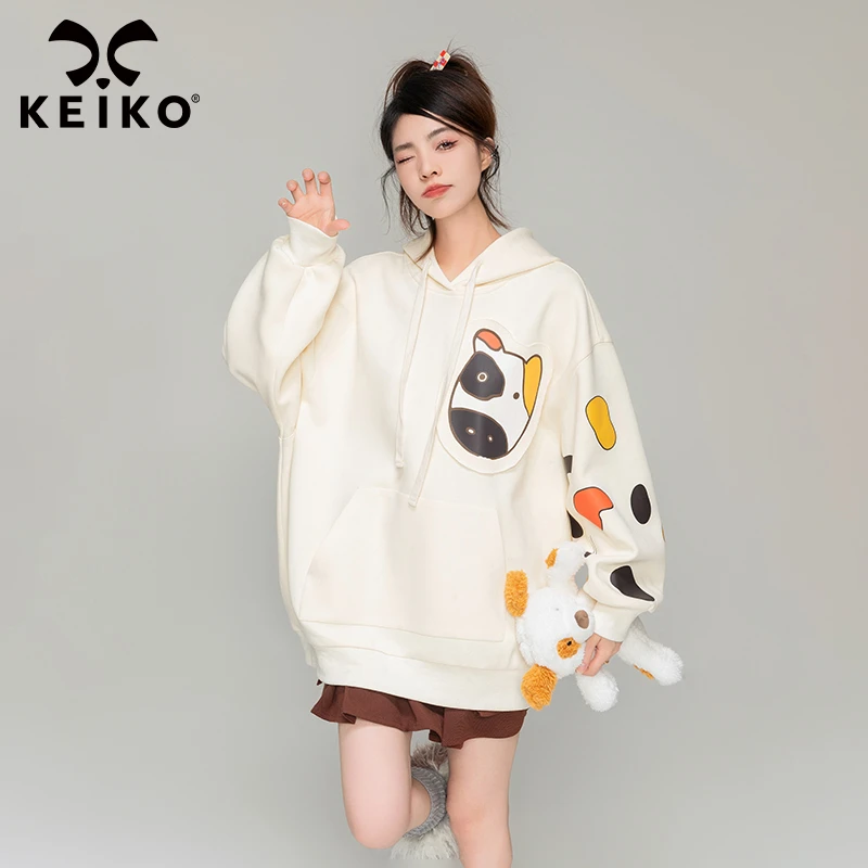 KEIKO 慵懒风宽松连帽卫衣女2024秋季创意印花精梳棉oversize外套