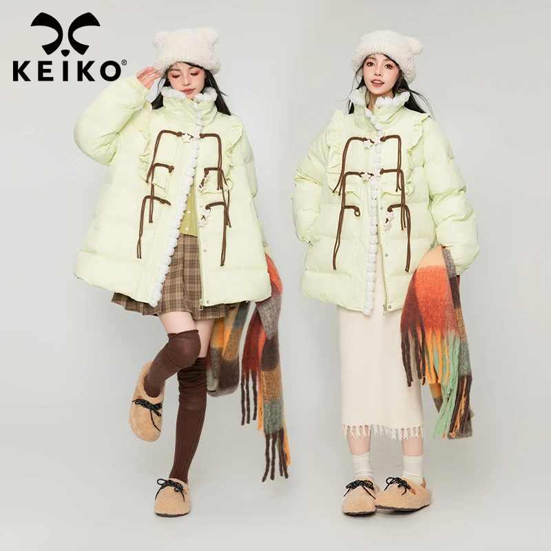 KEIKO 小众设计荧光绿棉外套23冬季甜系加厚保暖立领棉服面包服