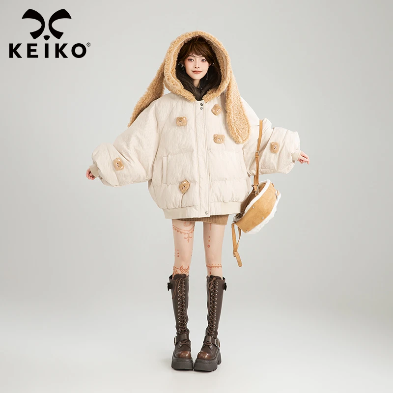 KEIKO [立体小熊]扎花短款棉服女加厚24冬季可爱兔耳朵连帽面包服